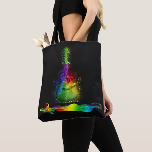 Neon Color Guitar and Music Note On Black Tote Bag