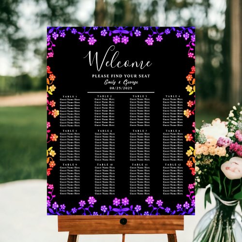 Neon Color Roses Glow Floral Wedding Seating Chart Foam Board