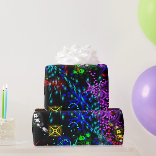 Neon Color Stars Swirl Paint Psychedelic Pattern Wrapping Paper
