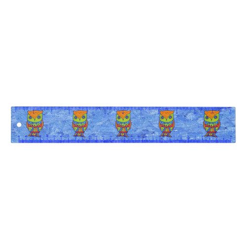 Neon Colored Abstract Owl Star Shaped Eyes on Blue Ruler