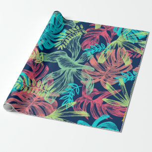 Neon Colored Aqua Yellow Green Tropical Leaves Wrapping Paper
