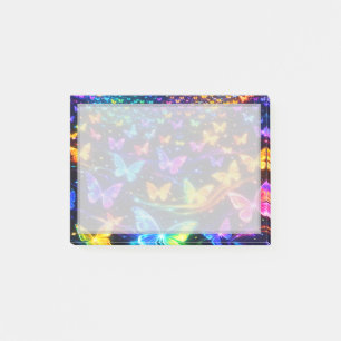 Neon colored sticky note with butterfly motif