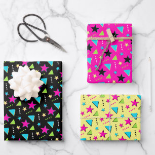 Neon Colorful 90s Memphis Pattern Retro Birthday Wrapping Paper Sheets