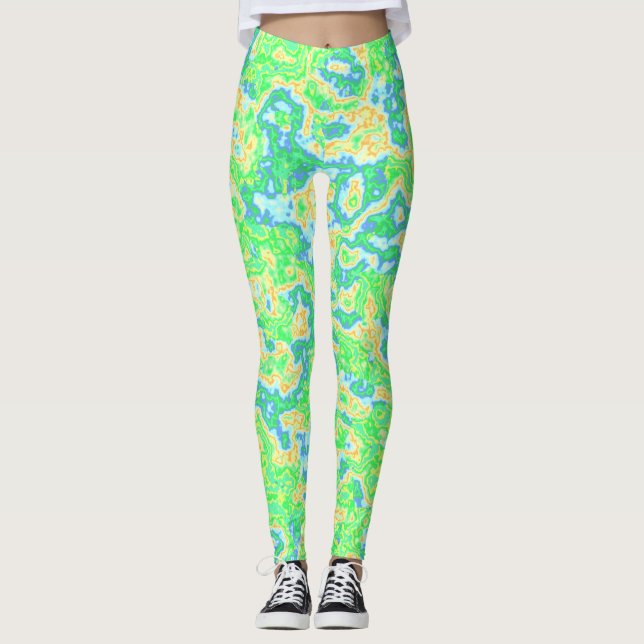 Neon Colorful Acid Trip Groovy Abstract Marble Art Leggings (Front)