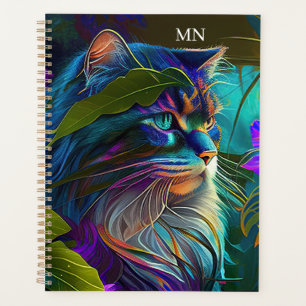 Neon colorful cat in tropical flowers AI art Planner