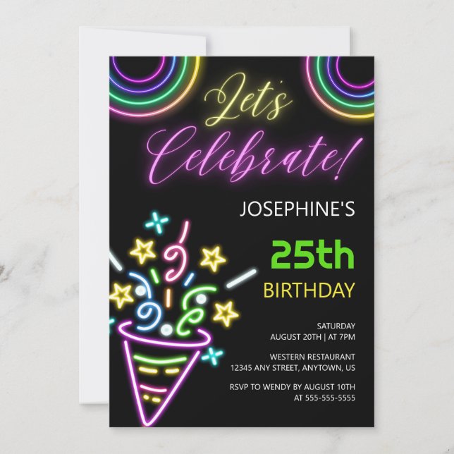 Neon Colorful Glow Fun Birthday Party Invitation (Front)