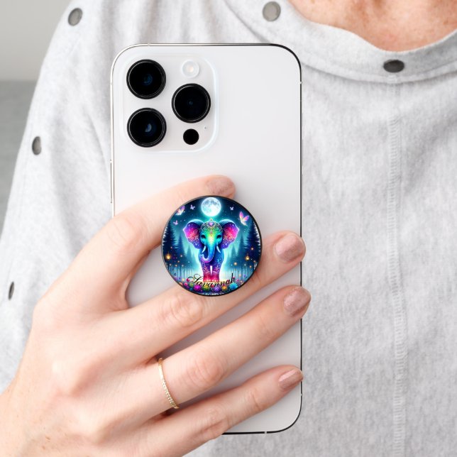Neon Colorful Holographic Decorated Elephant | PopSocket (Hand)