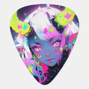 Neon Colorful Kawaii Demon Anime Girl Guitar Pick