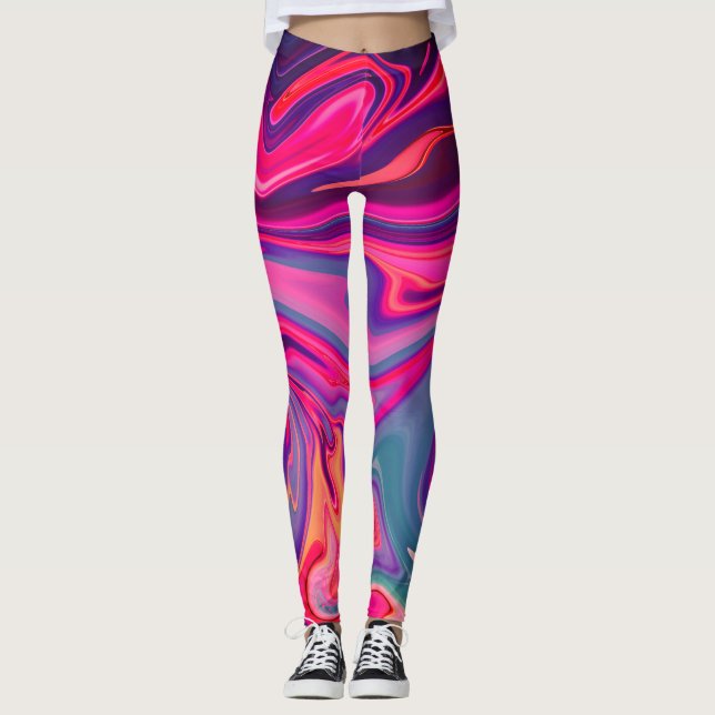 Neon Colorful Pink Blue Liquid Marble Abstract Leggings (Front)