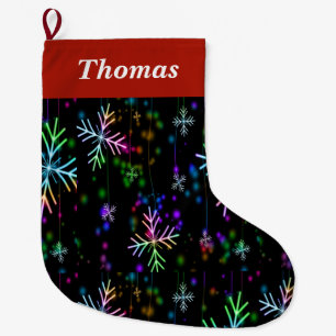 Neon colorful snowflakes on black large christmas stocking