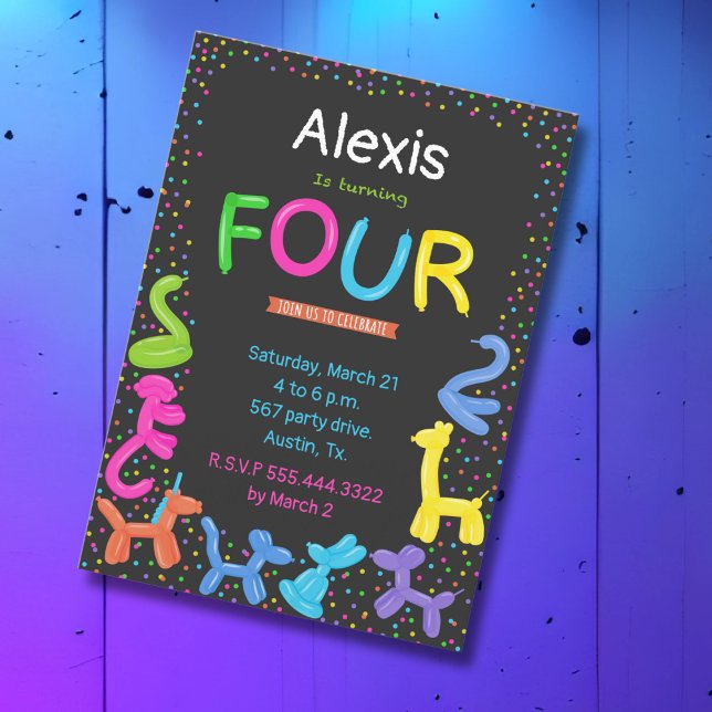 Neon colors animal balloons 4th birthday invitation (Creator Uploaded)