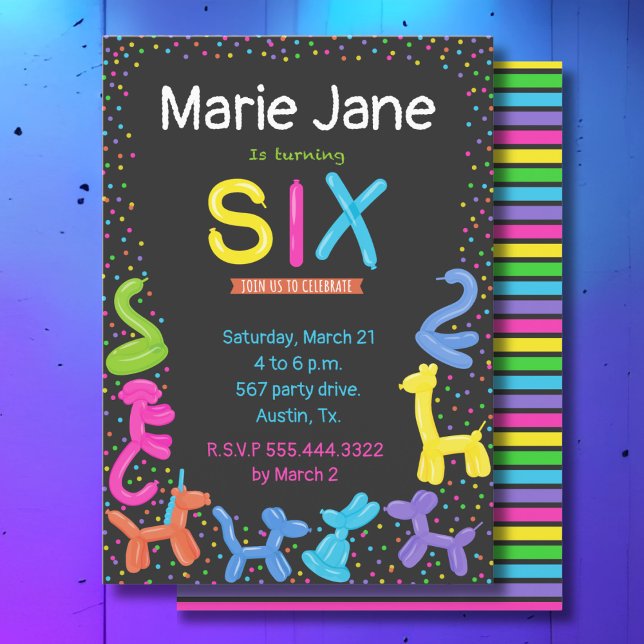Neon colors animal balloons 6th birthday invitation (Creator Uploaded)