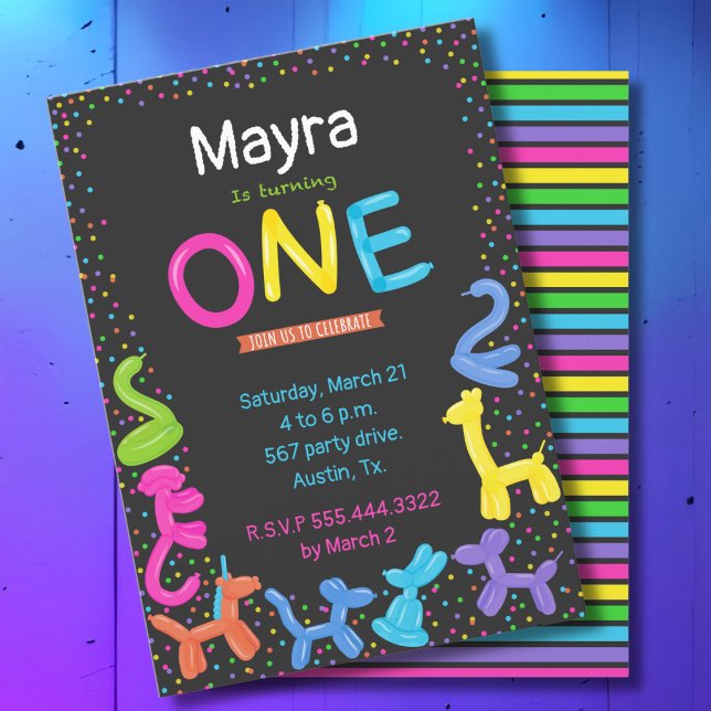 Neon colors animal balloons First birthday Invitation (Creator Uploaded)