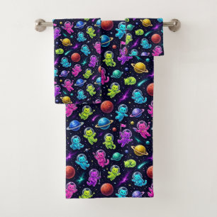 Neon Colors Astronaut Cats Outer Space Planets Bath Towel Set
