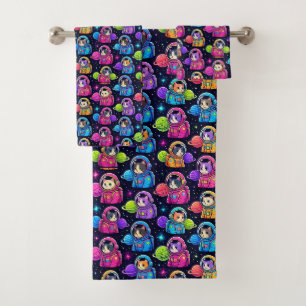 Neon Colors Astronaut Cats Outer Space Planets Bath Towel Set
