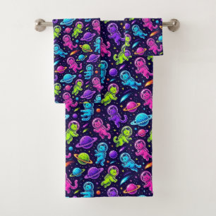 Neon Colors Astronaut Cats Outer Space Planets Bath Towel Set