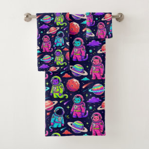 Neon Colors Astronaut Cats Outer Space Planets Bath Towel Set