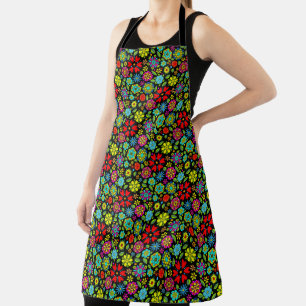 Neon Colors On Black Retro Floral Seamless Pattern Apron