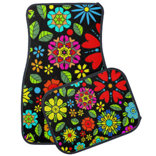Neon Colors On Black Retro Floral Seamless Pattern Car Floor Mat