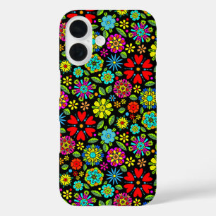 Neon Colors On Black Retro Floral Seamless Pattern iPhone 16 Case