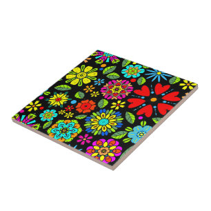Neon Colors On Black Retro Floral Seamless Pattern Ceramic Tile