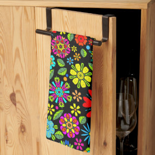 Neon Colors On Black Retro Floral Seamless Pattern Kitchen Towel