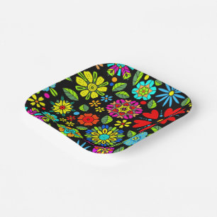 Neon Colors On Black Retro Floral Seamless Pattern Paper Plates