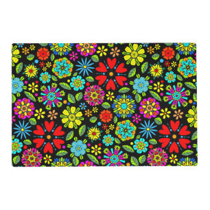 Neon Colors On Black Retro Floral Seamless Pattern Placemat