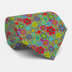 Neon Colors On Gray Retro Floral Seamless Pattern Neck Tie