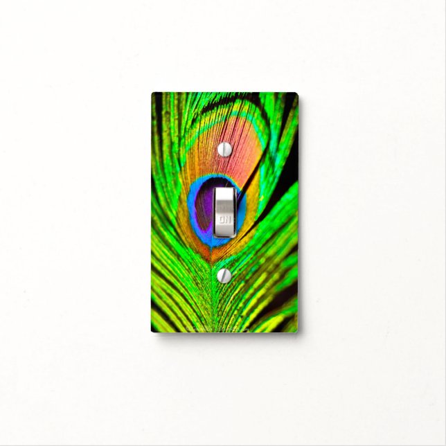 Neon Colors Peacock Feather Light Switch Cover (In Situ)