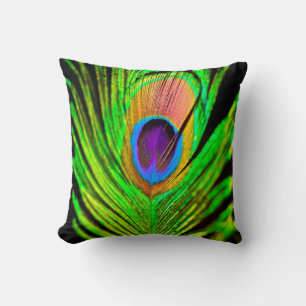 Neon Colors Peacock Feather Throw Pillow