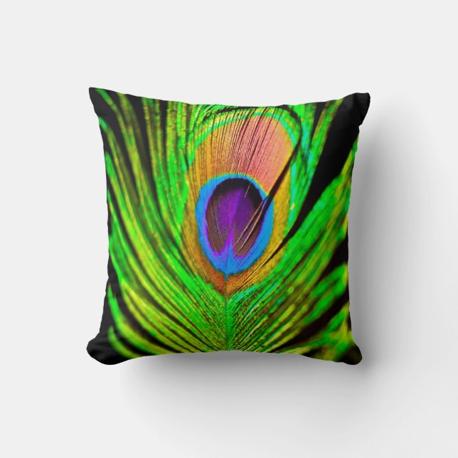 Neon Colors Peacock Feather Throw Pillow (Front)