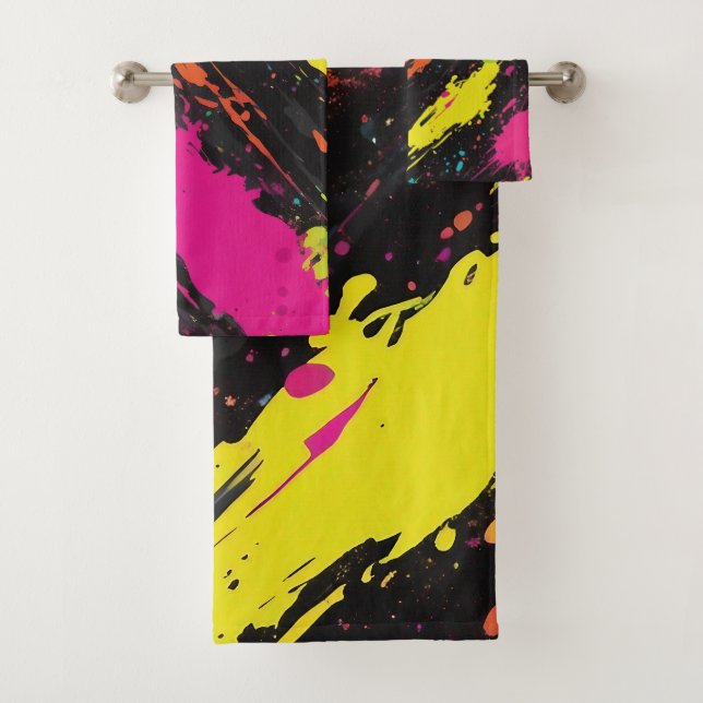 Neon Colors Retro Paint Splatter Bath Towel Set (Insitu)