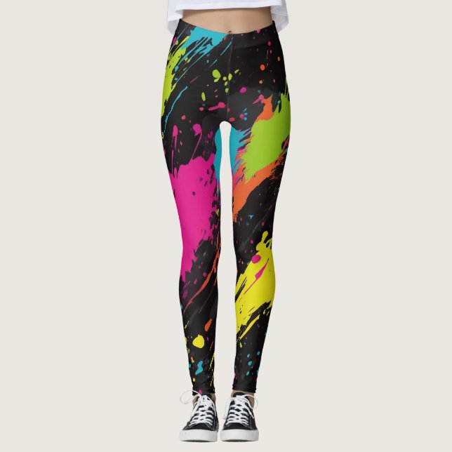 Neon Colors Retro Paint Splatter Leggings (Front)