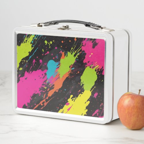 Neon Colors Retro Paint Splatter Metal Lunch Box
