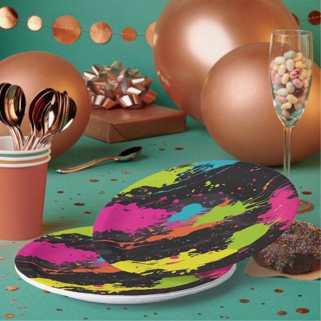 Neon Colors Retro Paint Splatter Paper Plates (Multi)