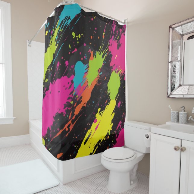Neon Colors Retro Paint Splatter Shower Curtain (In Situ)