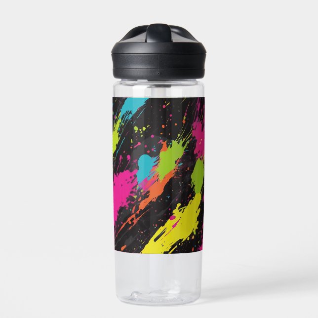 Neon Colors Retro Paint Splatter Water Bottle (Front)