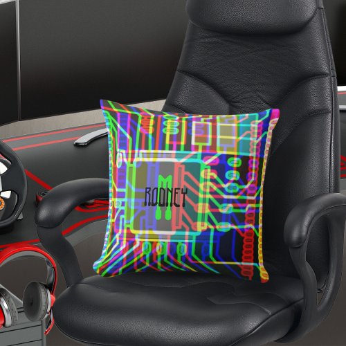 Neon Computer Chip Throw Pillow