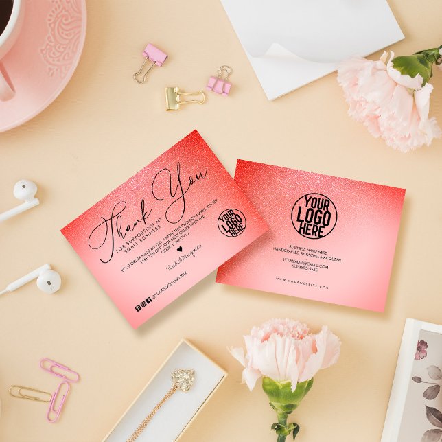 Neon Coral Pink Glitter Script Customer Thank You Business Card (Creator Uploaded)
