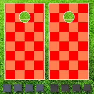 Neon Coral Red Checkered Checkerboard Vintage Cornhole Set