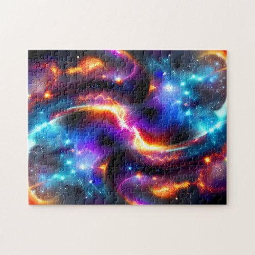 Neon cosmos swirl twist in colorful space wideshot jigsaw puzzle
