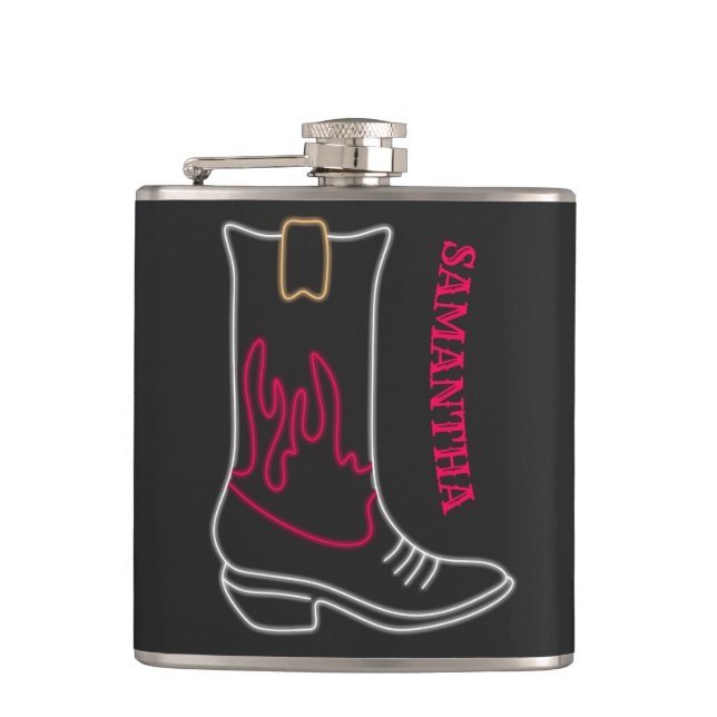 Neon Cowboy Boot Customizable Name Flask (Front)