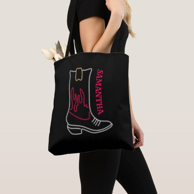 Neon Cowboy Boot Customizable Name Tote Bag (Close Up)