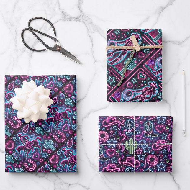 Neon Cowboy & Cowgirl Wrapping Paper Sheets (Front)