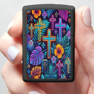 Neon Crosses Among Tropical Blooms b Zippo Lighter
