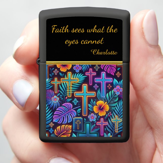 Neon Crosses Among Tropical Blooms Zippo Lighter (In Hand)