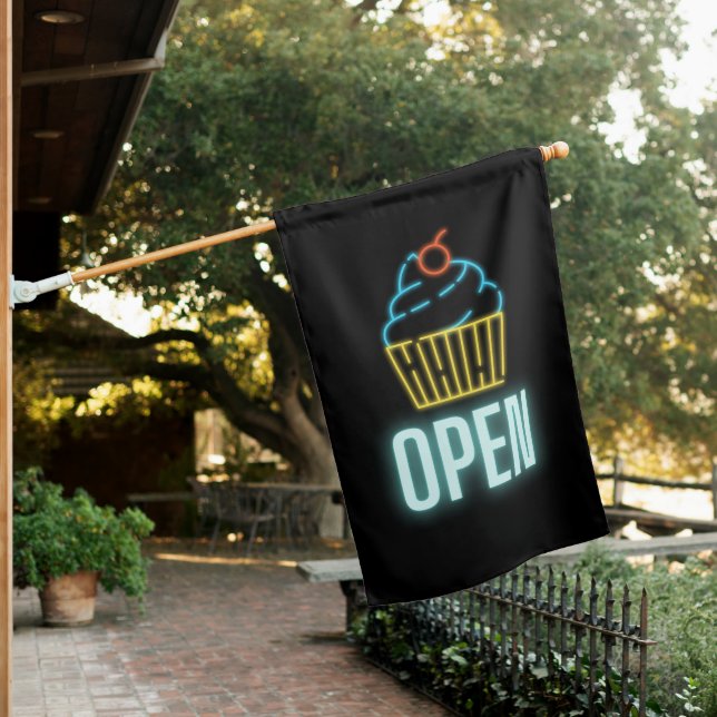 Neon Cupckake Open Sign Outdoor Flag (In SItu)