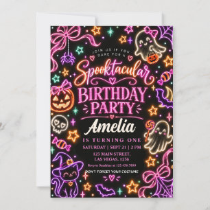 Neon Cute Ghost Halloween Girl Birthday Party Invitation