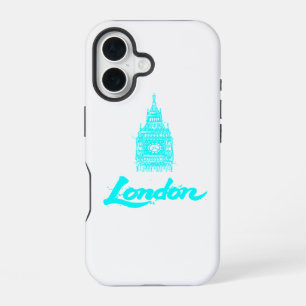 Neon Cyan London Big Ben Sketch Modern Black iPhone 16 Case